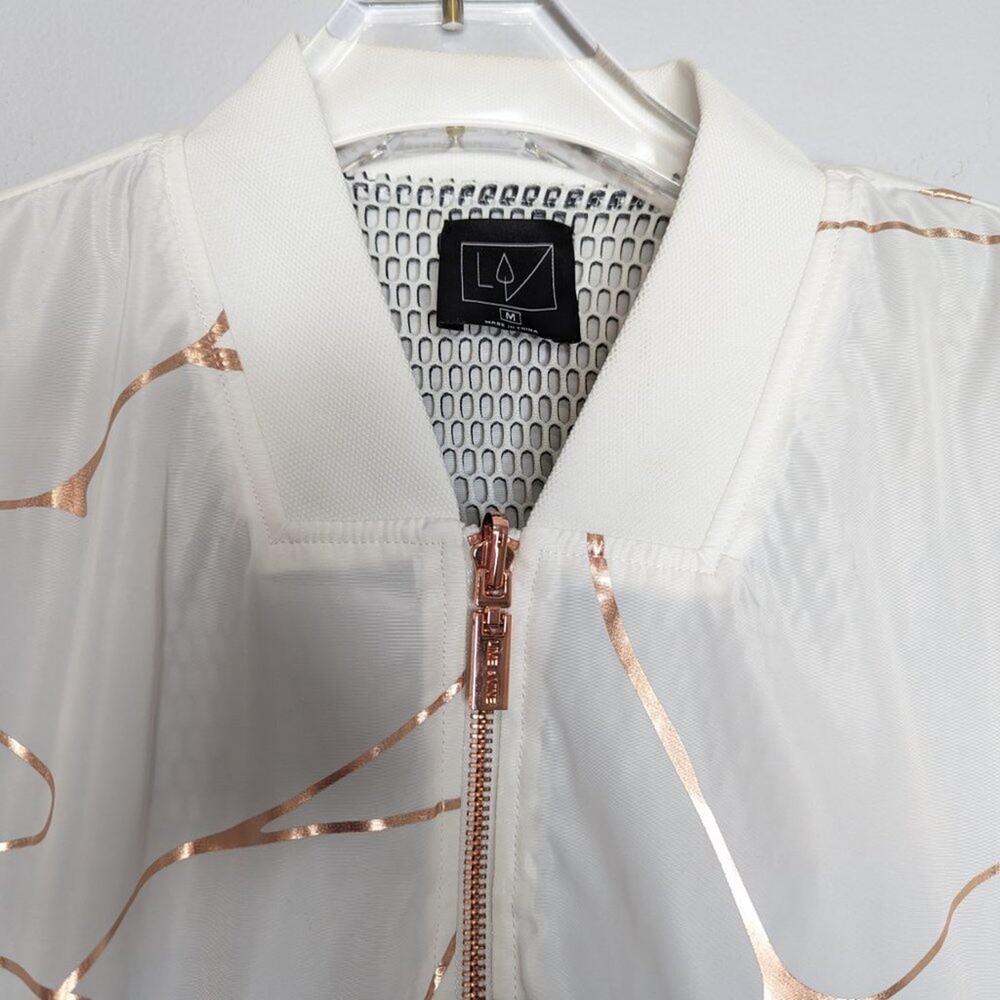 Lime & Vine White Rose Gold Swirl Pattern Cropped Jacket Long Sleeve Zip Up M - Picture 10 of 12